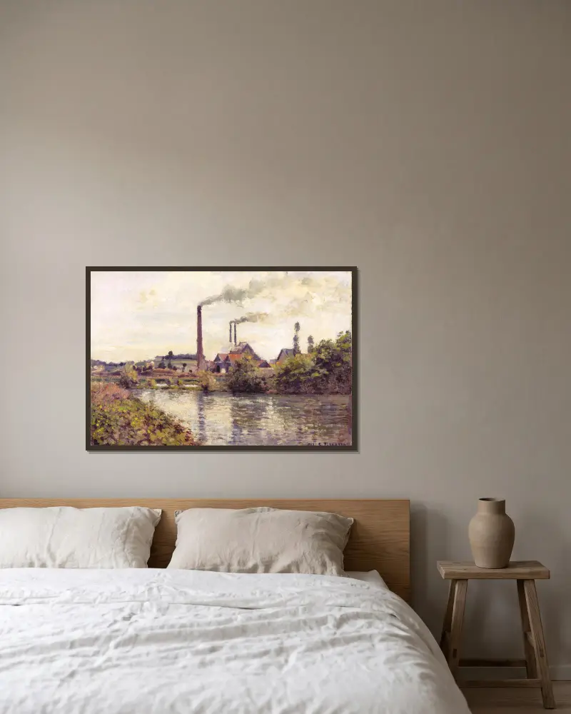 The Factory at Pontoise av Camille Pissarro inramad på en vägg