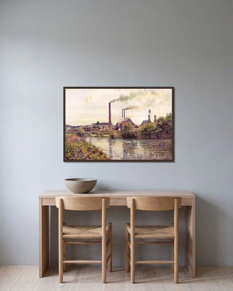 The Factory at Pontoise av Camille Pissarro inramad på en vägg