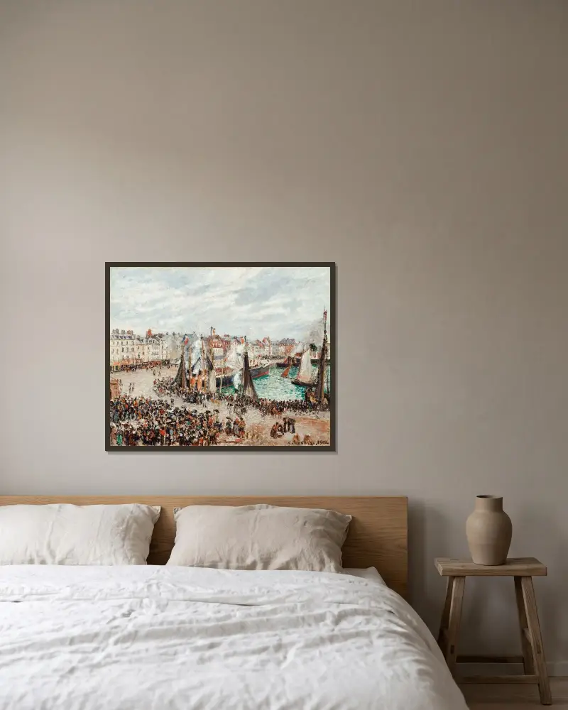 The Fish Market, Dieppe; Grey Weather, Morning av Camille Pissarro inramad på en vägg