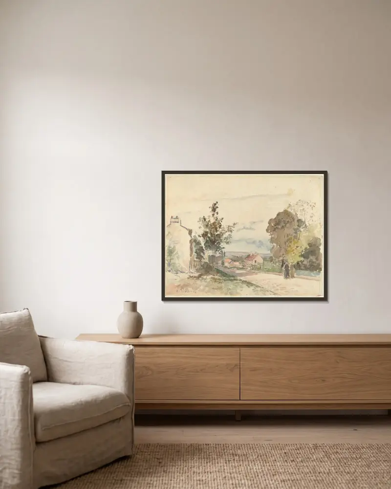 Vägen från Versailles till Louveciennes av Camille Pissarro inramad på en vägg