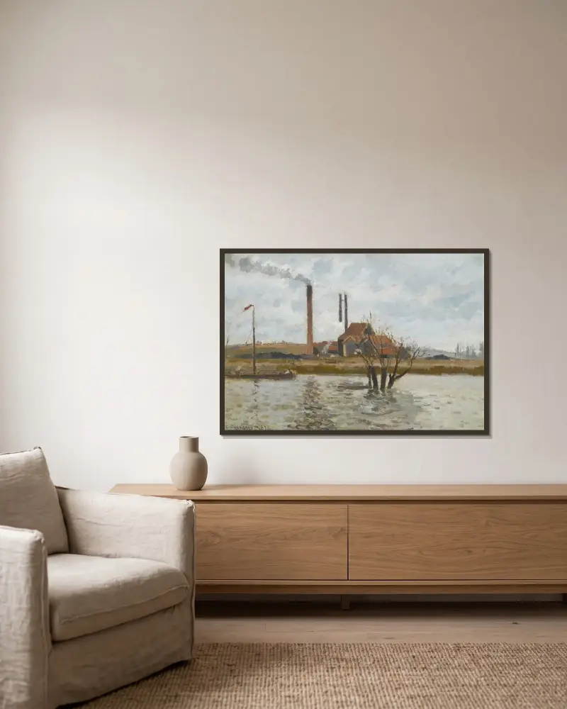 Fabrik i Saint-Ouen-l'Aumône, Oise i översvämning av Camille Pissarro inramad på en vägg
