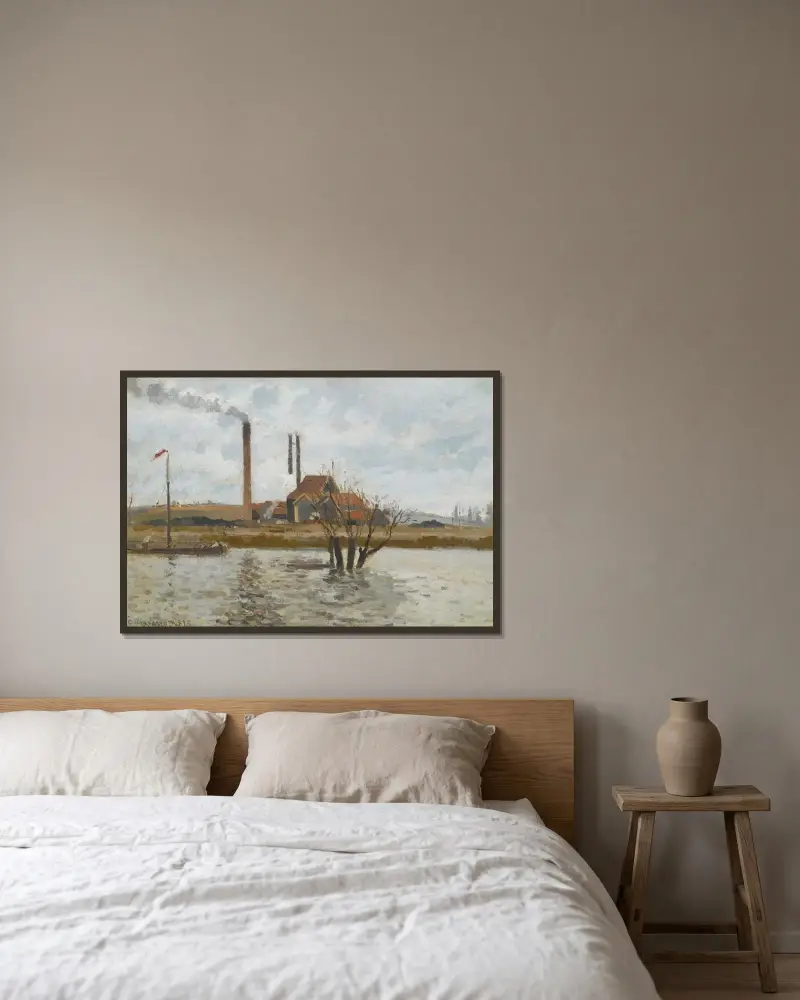 Fabrik i Saint-Ouen-l'Aumône, Oise i översvämning av Camille Pissarro inramad på en vägg