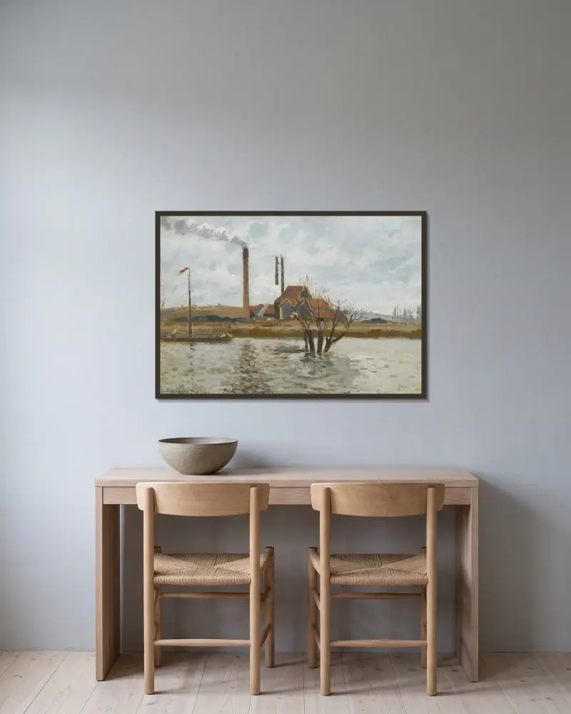 Fabrik i Saint-Ouen-l'Aumône, Oise i översvämning av Camille Pissarro inramad på en vägg