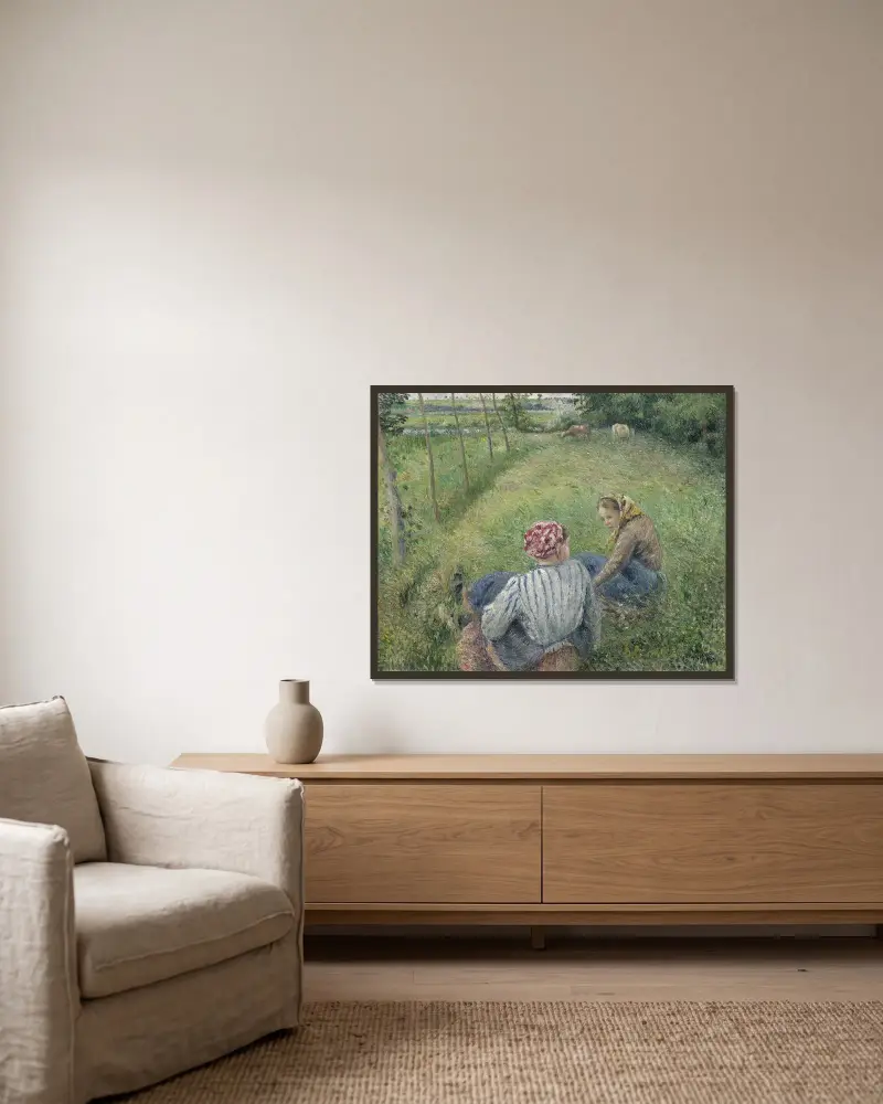 Young Peasant Girls Resting in the Fields near Pontoise av Camille Pissarro inramad på en vägg