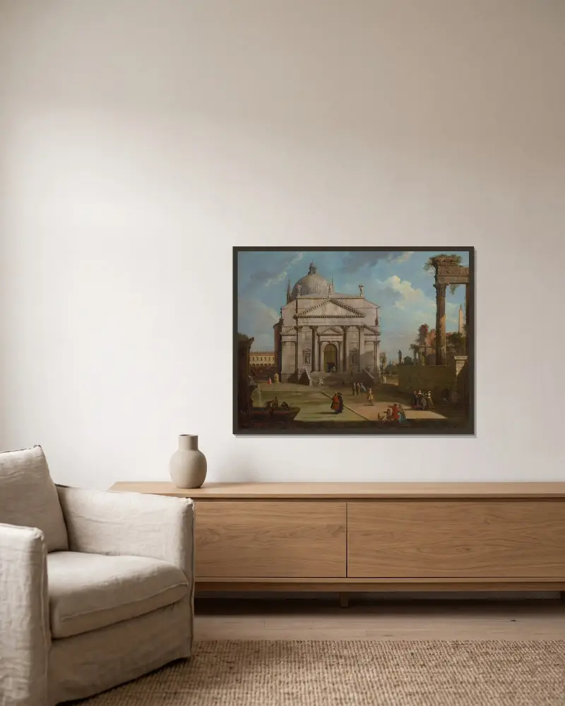 A capriccio with the church of the Redentore av Canaletto inramad på en vägg