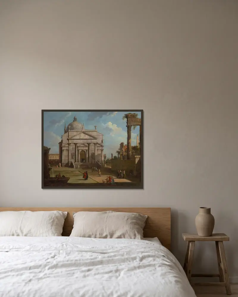 A capriccio with the church of the Redentore av Canaletto inramad på en vägg