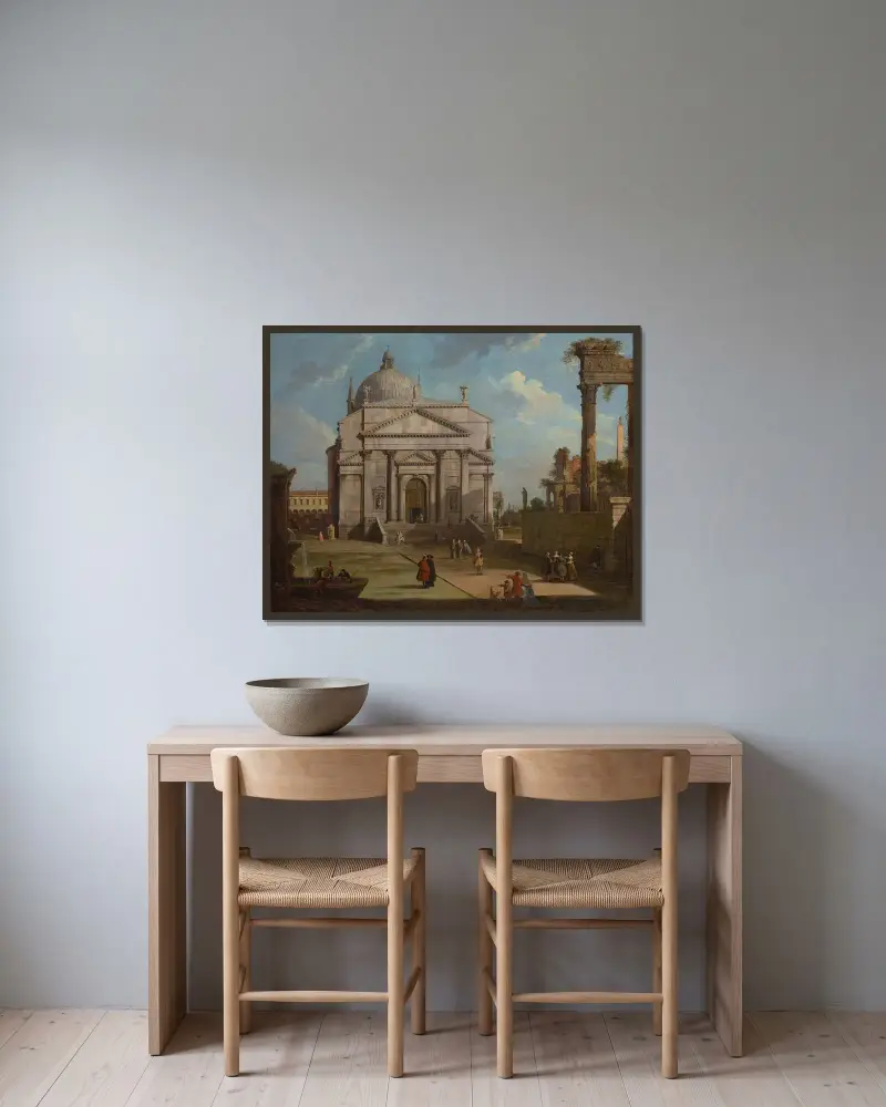 A capriccio with the church of the Redentore av Canaletto inramad på en vägg