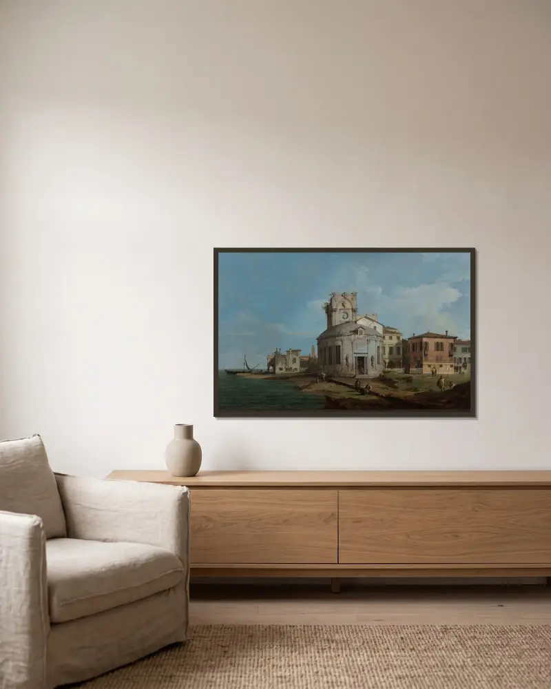 Venezianisches Capriccio mit einer ovalen Kirche an der Lagune von Canaletto gerahmt an einer Wand