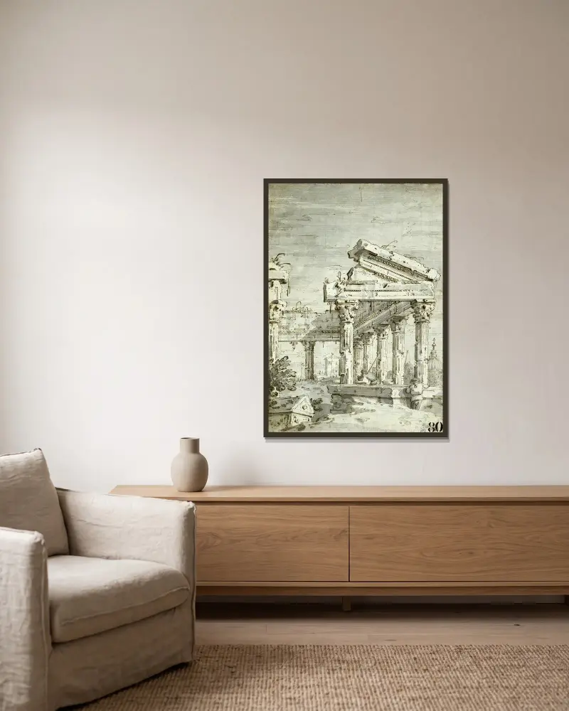 Capriccio; A Ruined Classical Temple av Canaletto inramad på en vägg
