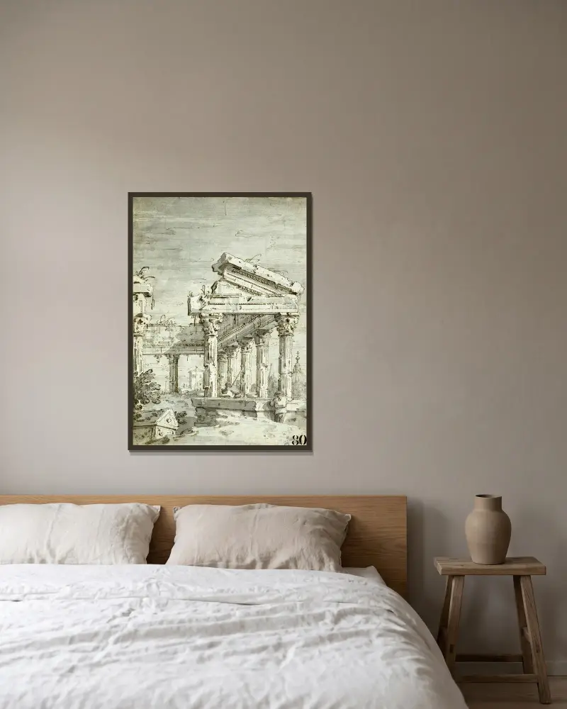 Capriccio; A Ruined Classical Temple av Canaletto inramad på en vägg