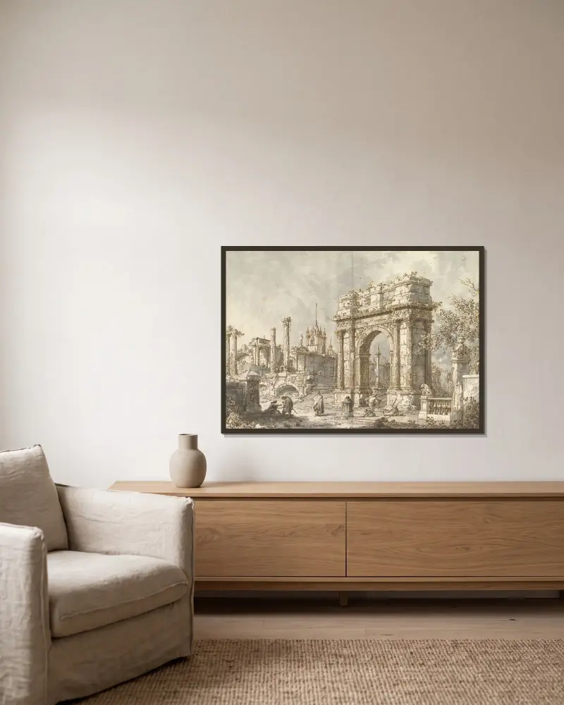 Capriccio with a Roman Triumphal Arch av Canaletto inramad på en vägg