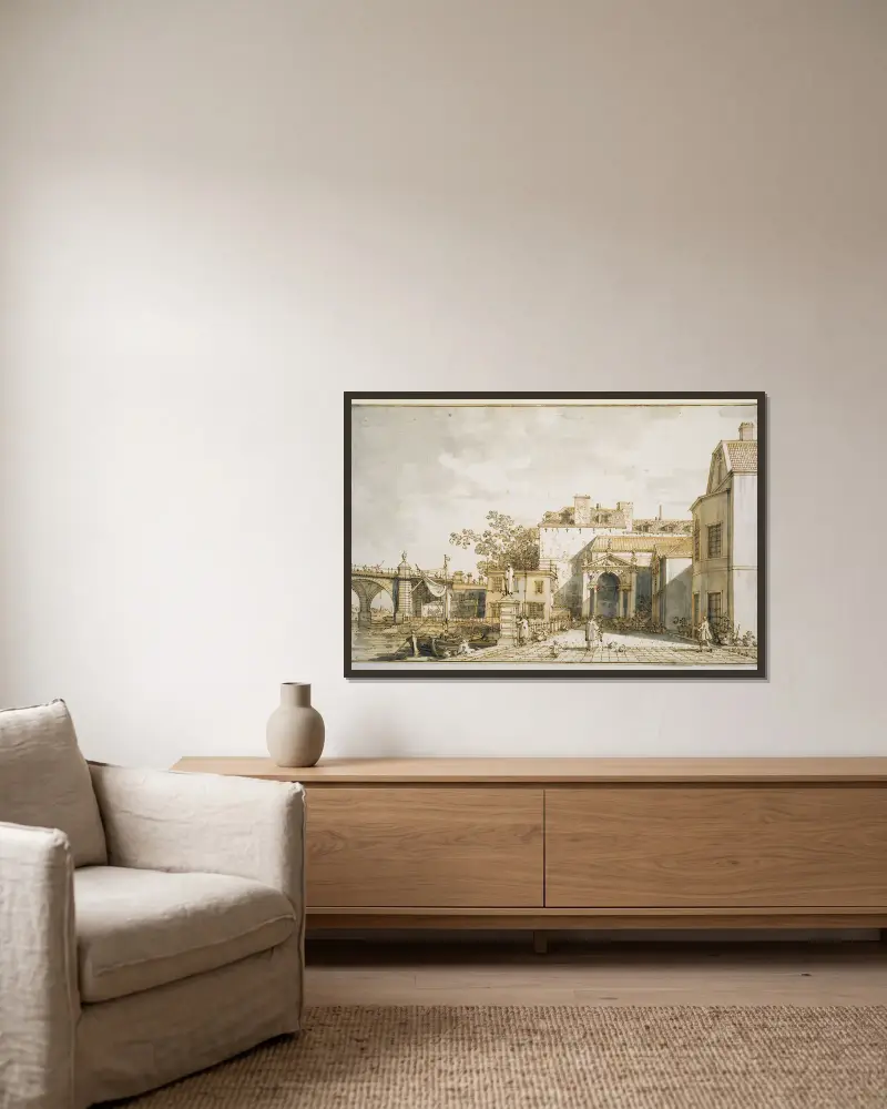 Capriccio with Reminiscences of Westminster Bridge and Richmond House av Canaletto inramad på en vägg