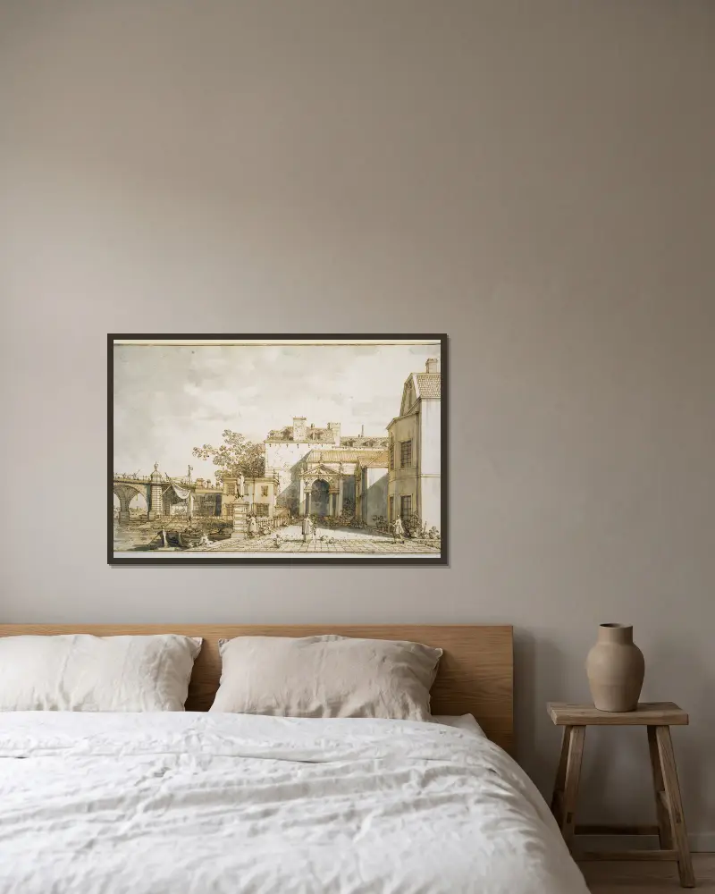 Capriccio with Reminiscences of Westminster Bridge and Richmond House av Canaletto inramad på en vägg