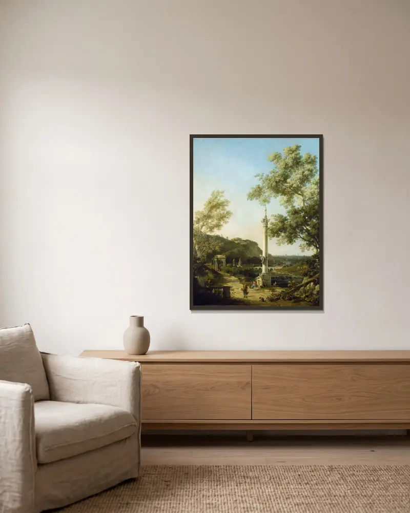 Engelskt landskapskapriccio med en kolonn av Canaletto inramad på en vägg