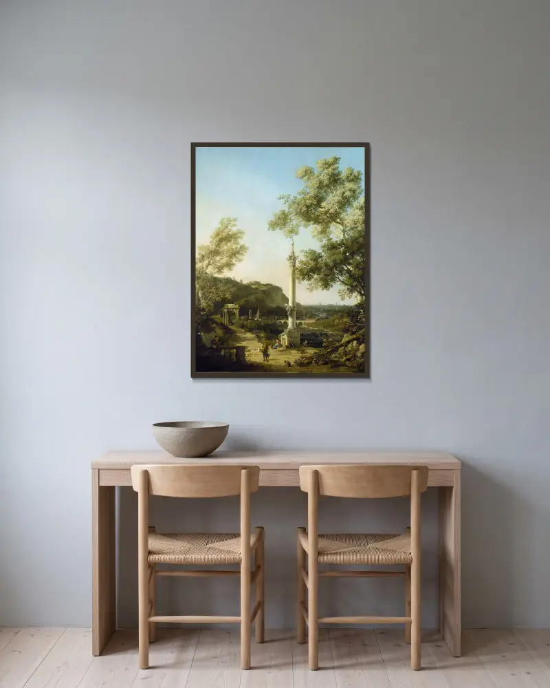 Engelskt landskapskapriccio med en kolonn av Canaletto inramad på en vägg