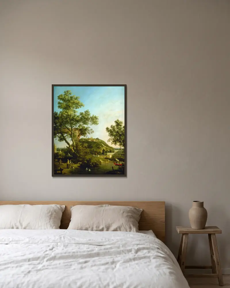 Engelskt landskapskapriccio med palats av Canaletto inramad på en vägg