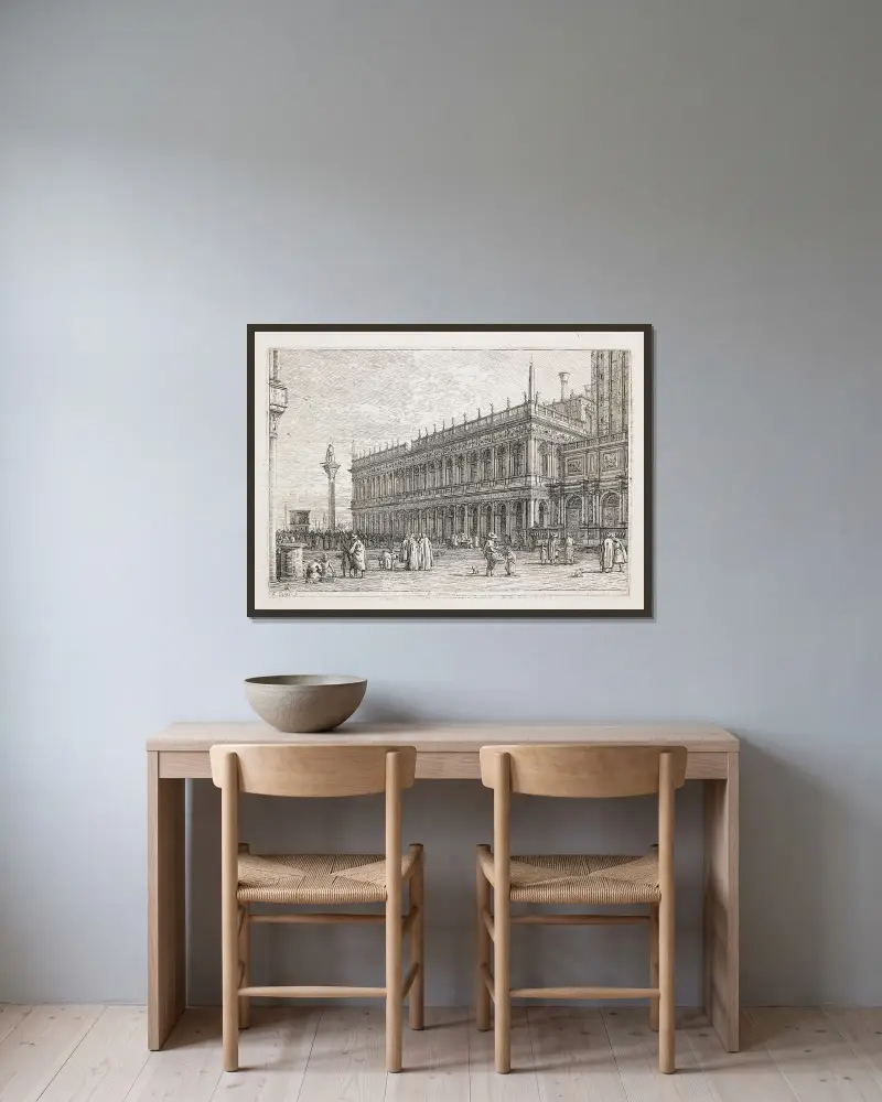 Die Bibliothek in Venedig von Canaletto gerahmt an einer Wand