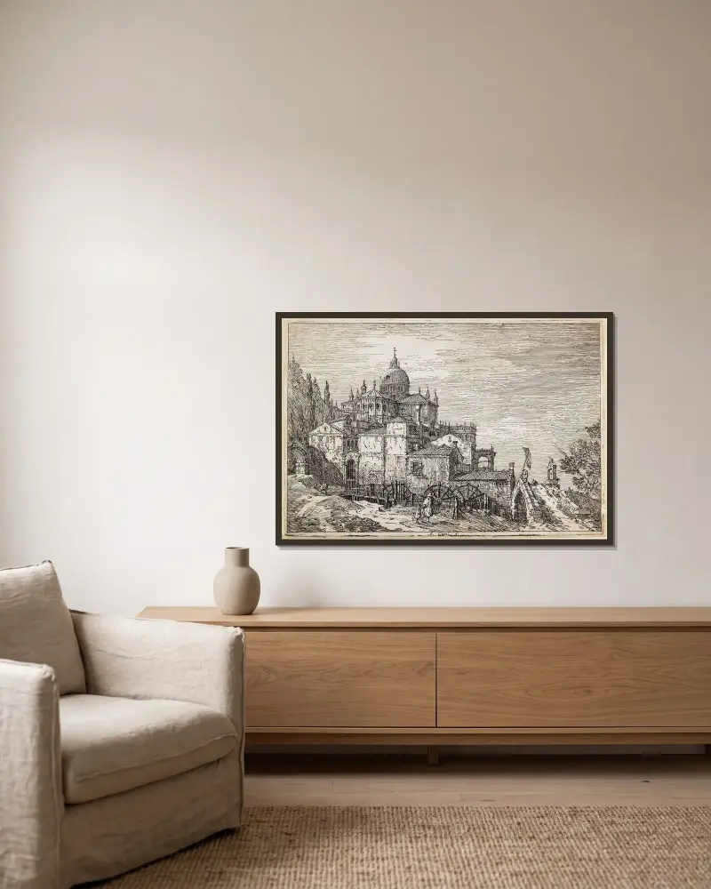 Pejzaż z kościołem, domami i młynem, Canaletto w ramie na ścianie