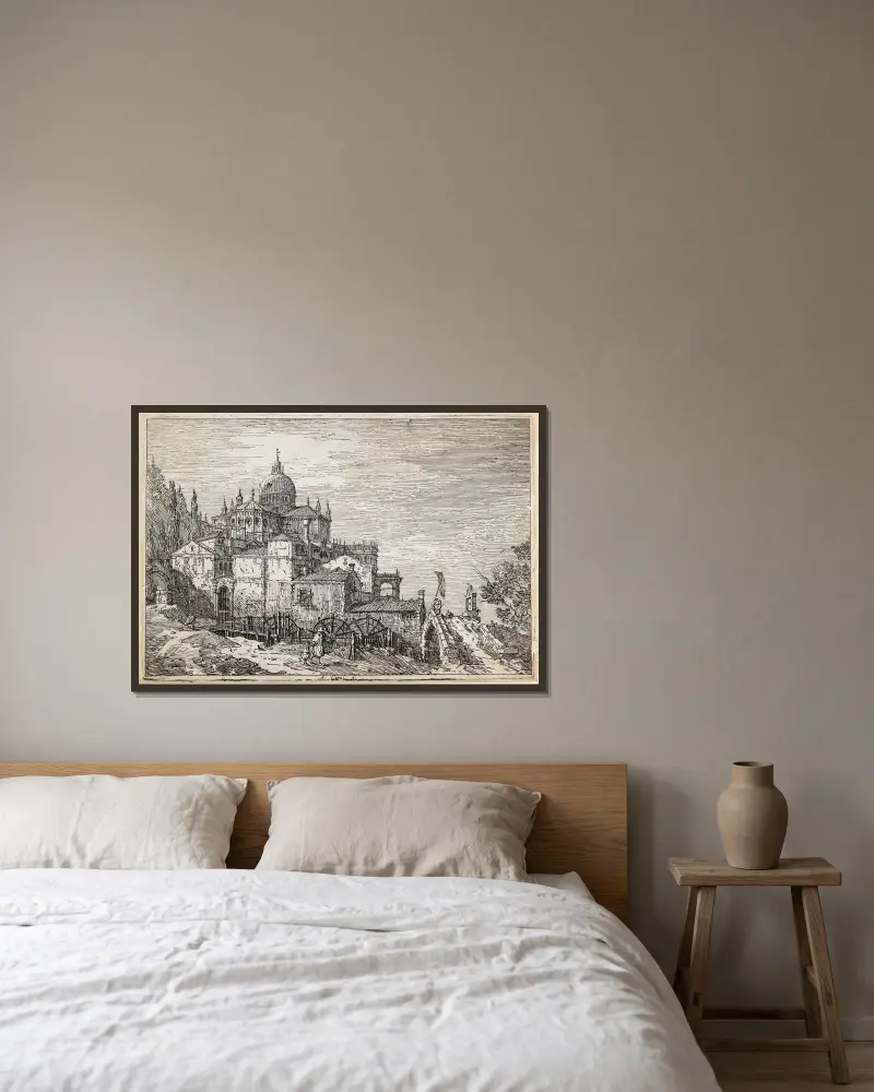 Pejzaż z kościołem, domami i młynem, Canaletto w ramie na ścianie