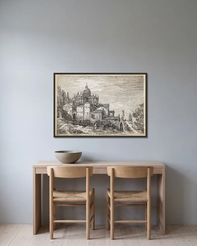 Pejzaż z kościołem, domami i młynem, Canaletto w ramie na ścianie