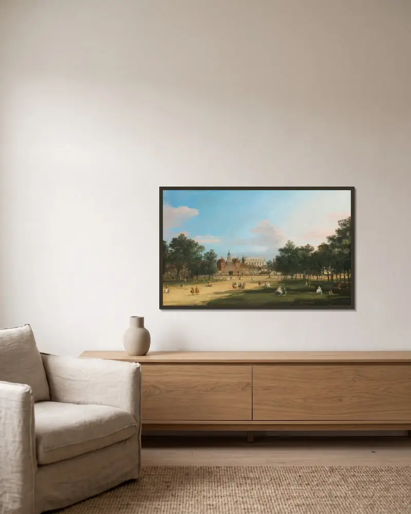 London, A View Of The Old Horse Guards And Banqueting Hall, Whitehall Seen From St. James’ Park av Canaletto inramad på en vägg