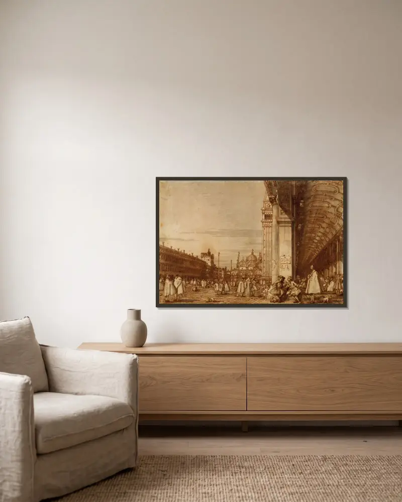 Piazza San Marco från sydvästra hörnet, med Procuratie Nuove till höger av Canaletto inramad på en vägg