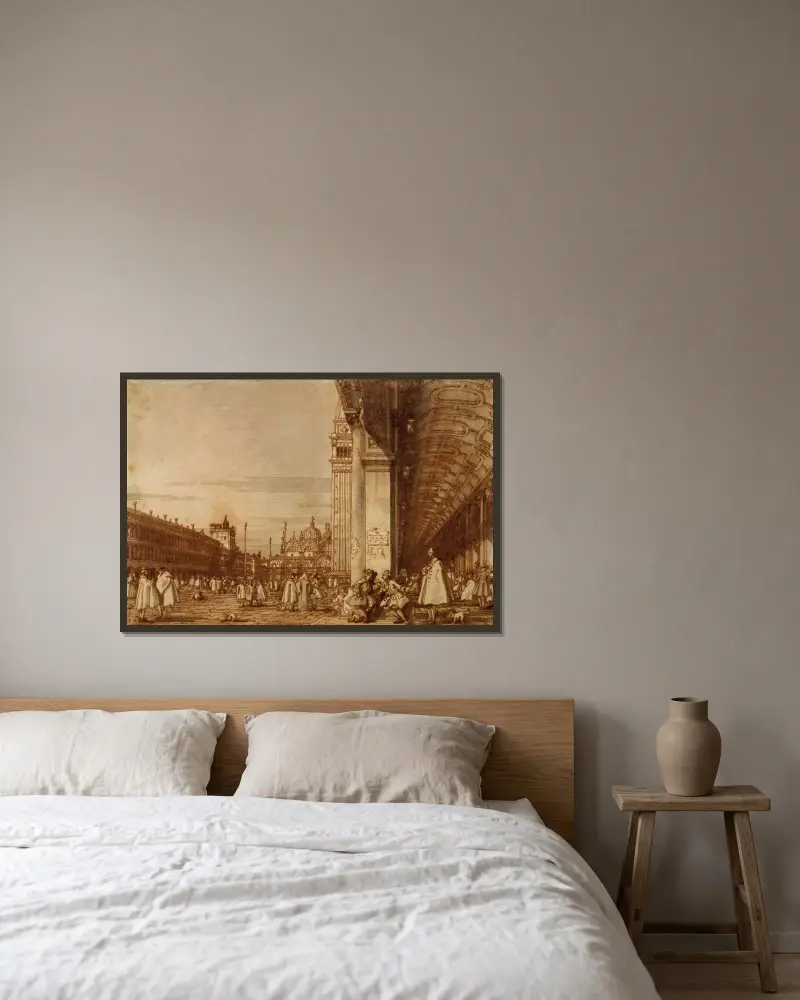 Piazza San Marco från sydvästra hörnet, med Procuratie Nuove till höger av Canaletto inramad på en vägg
