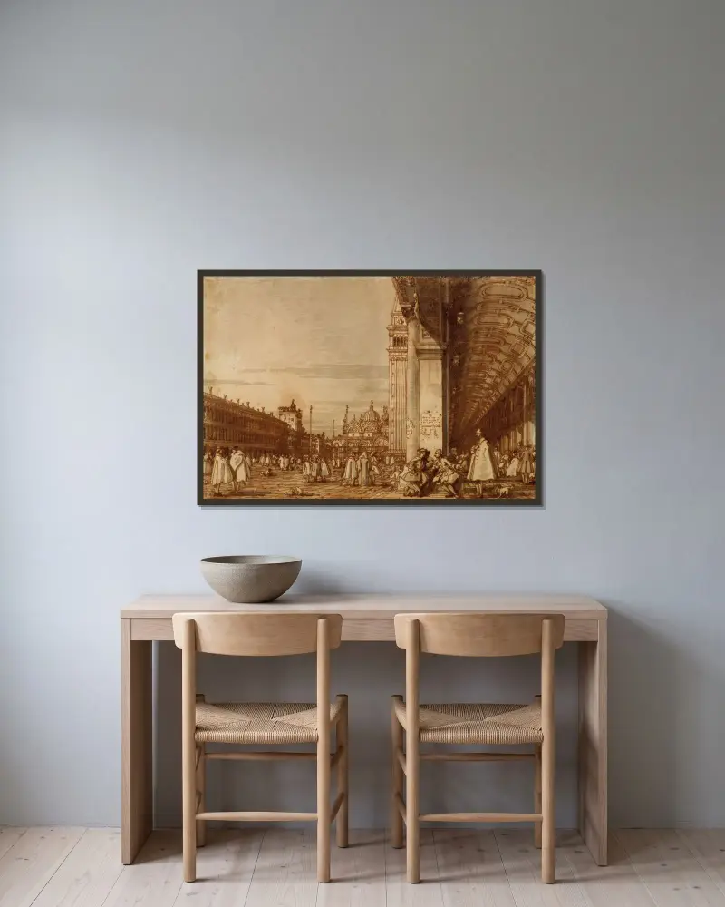 Piazza San Marco från sydvästra hörnet, med Procuratie Nuove till höger av Canaletto inramad på en vägg