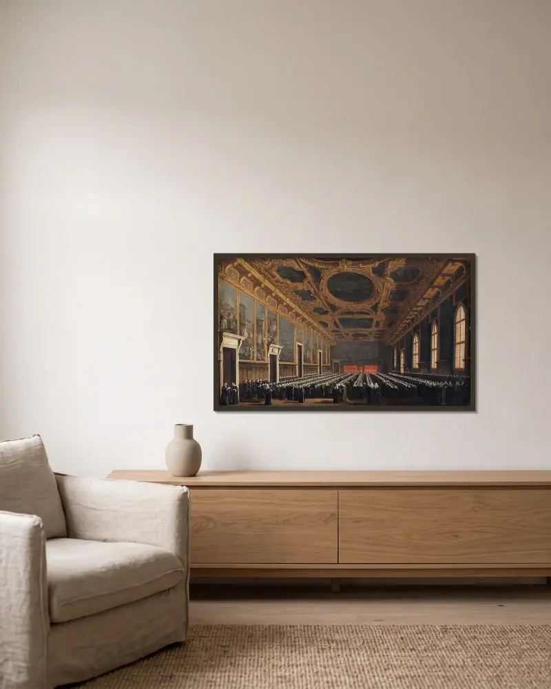 Dogen och stora rådet i Sala del Maggior Consiglio av Canaletto inramad på en vägg