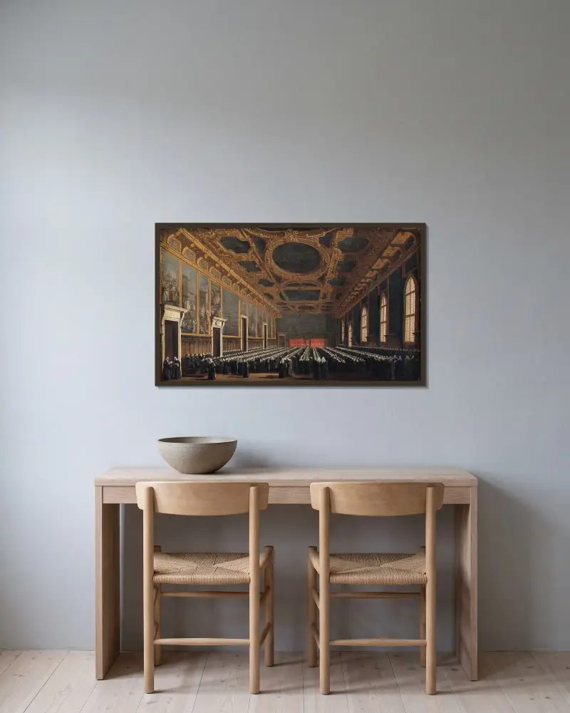 Dogen och stora rådet i Sala del Maggior Consiglio av Canaletto inramad på en vägg