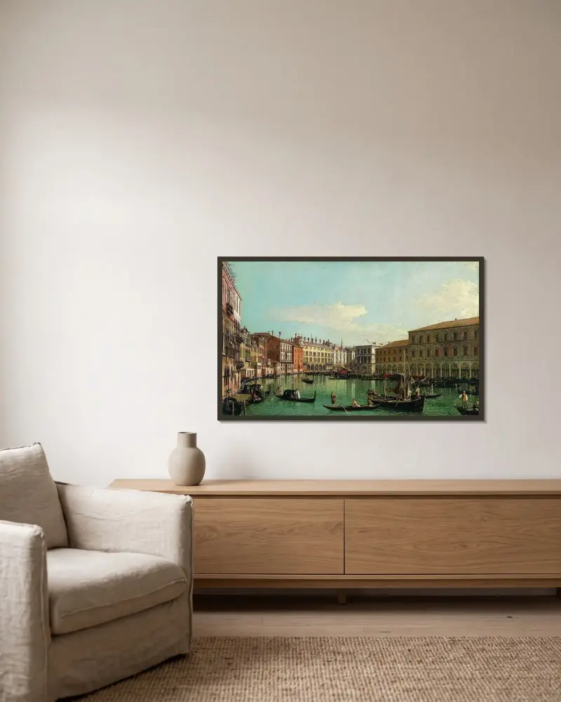 The Grand Canal, Venice, Looking South toward the Rialto Bridge av Canaletto inramad på en vägg