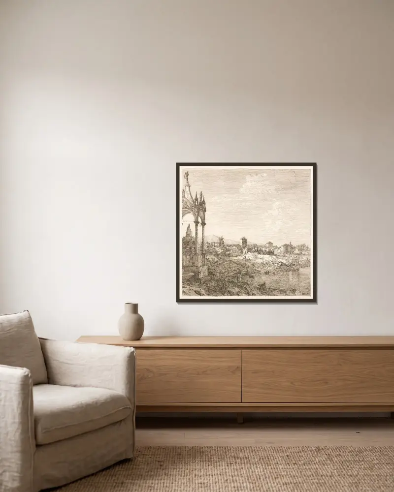 En biskops gravmonument av Canaletto inramad på en vägg