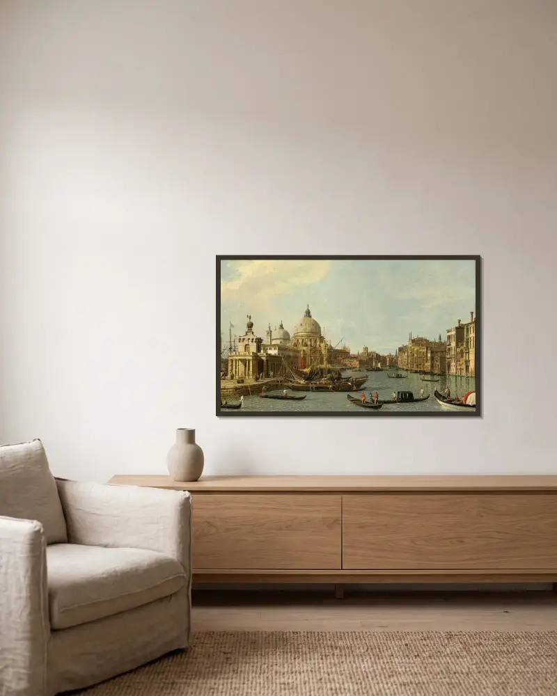 Venice; The Mouth of the Grand Canal from the East av Canaletto inramad på en vägg
