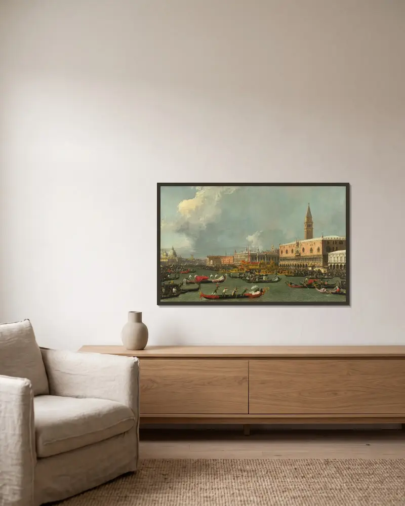 Venice, the Return of the Bucintoro on Ascension Day av Canaletto inramad på en vägg