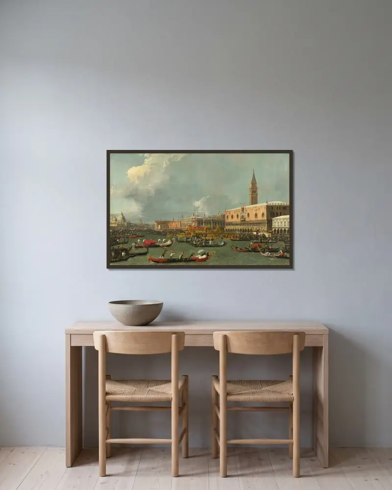 Venice, the Return of the Bucintoro on Ascension Day av Canaletto inramad på en vägg