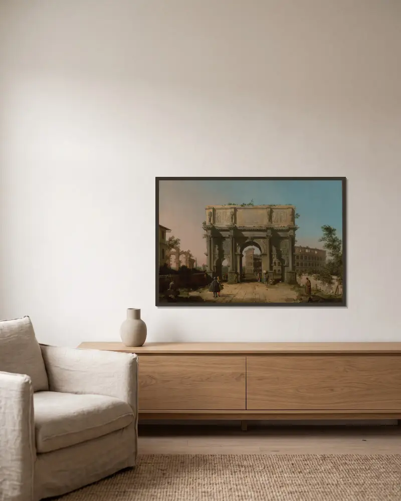 View of the Arch of Constantine with the Colosseum av Canaletto inramad på en vägg