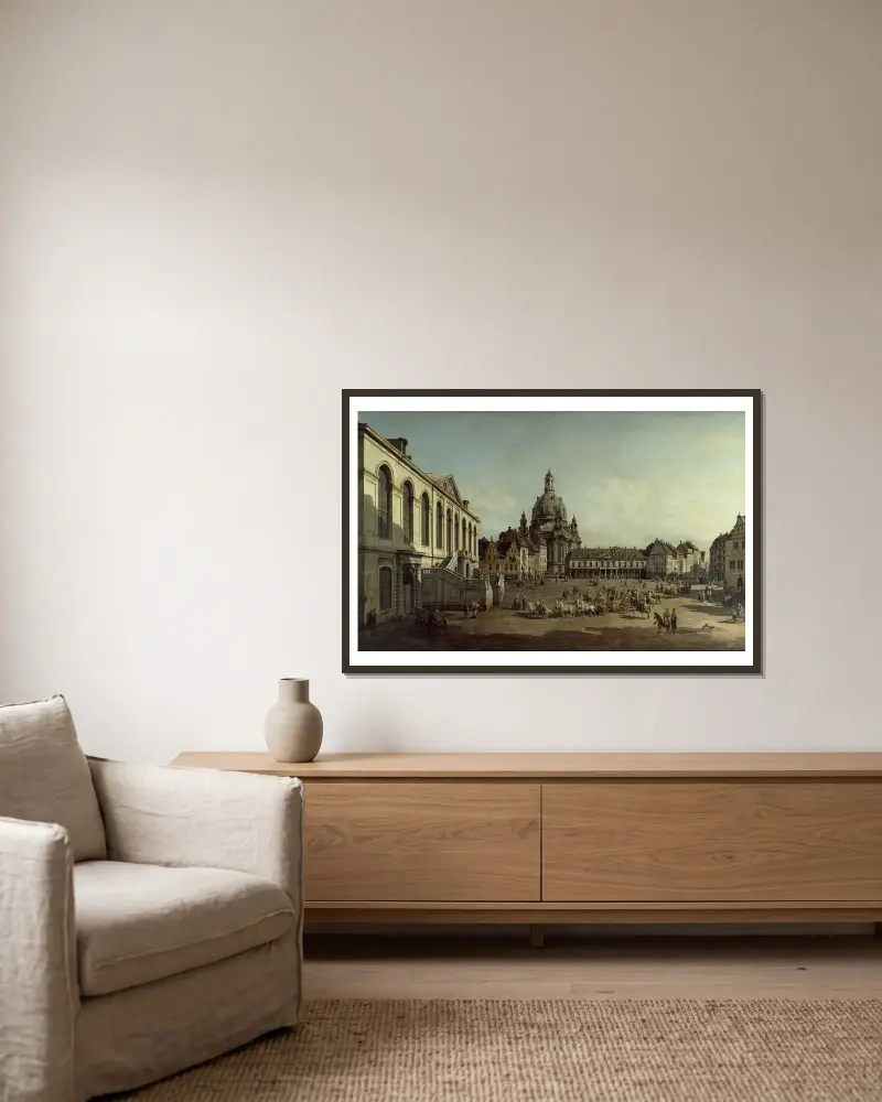 Vy över Neumarkt i Dresden från Jüdenhof av Canaletto inramad på en vägg