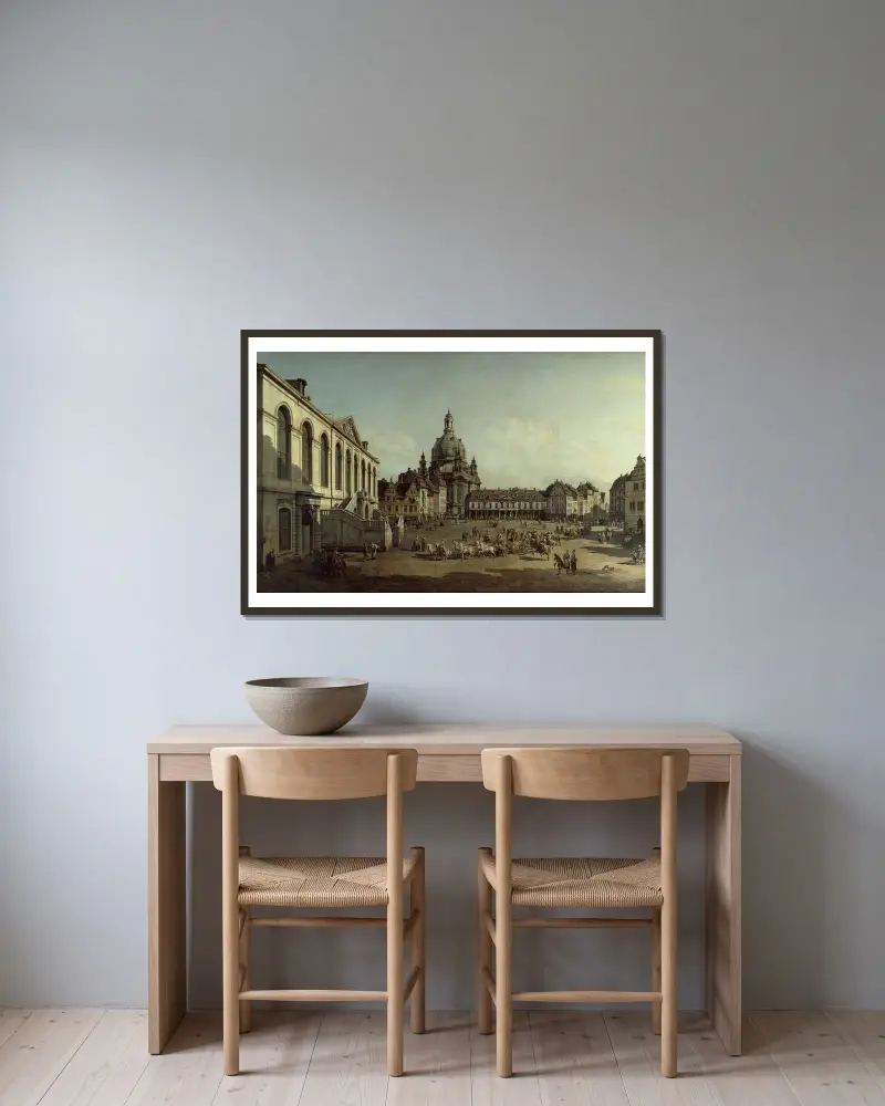 Vy över Neumarkt i Dresden från Jüdenhof av Canaletto inramad på en vägg