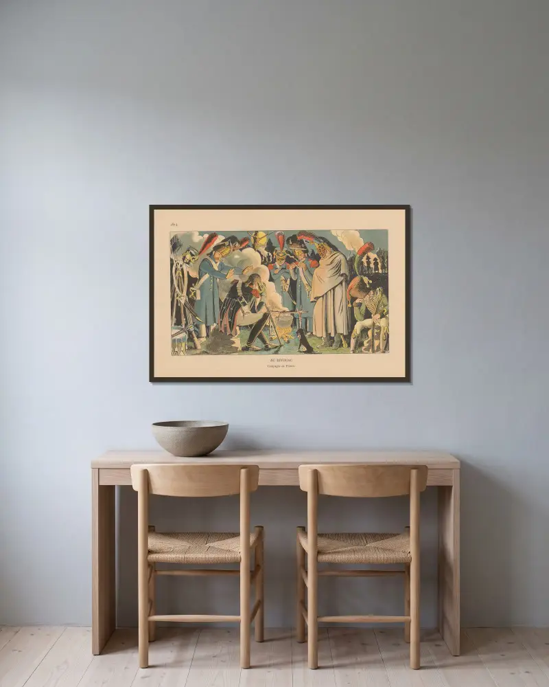 Au Bivouac. Campagne de France. 1814 av Caran d'Ache inramad på en vägg