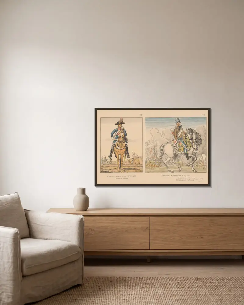 Grosse Cavalerie de la République, Hussards Chamboran en Hollande. 1795 av Caran d'Ache inramad på en vägg