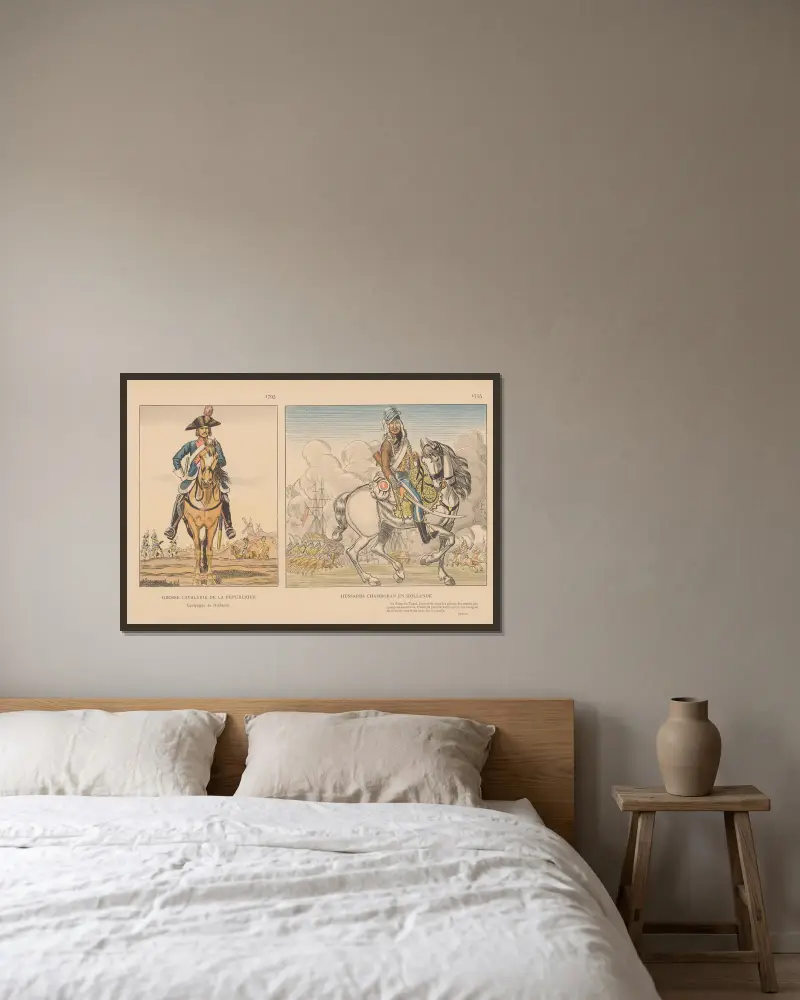 Grosse Cavalerie de la République, Hussards Chamboran en Hollande. 1795 av Caran d'Ache inramad på en vägg