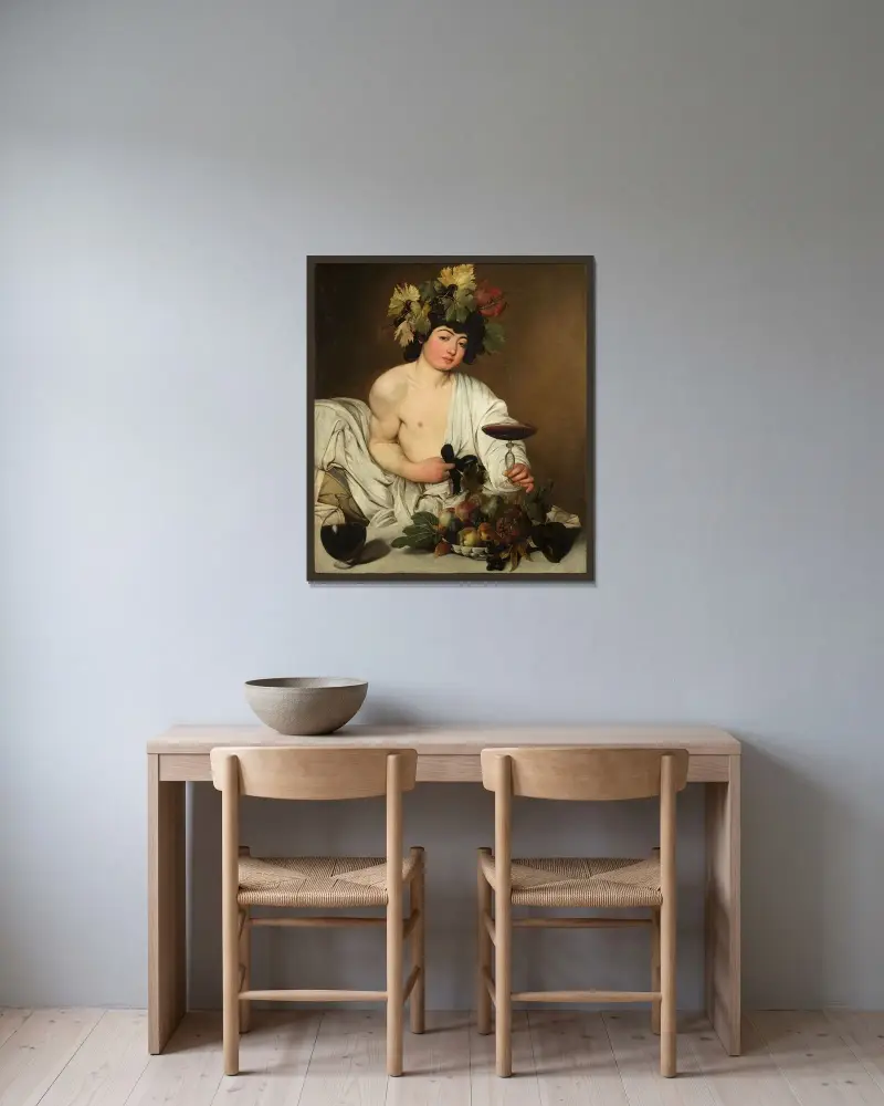 Bacchus von Caravaggio gerahmt an einer Wand