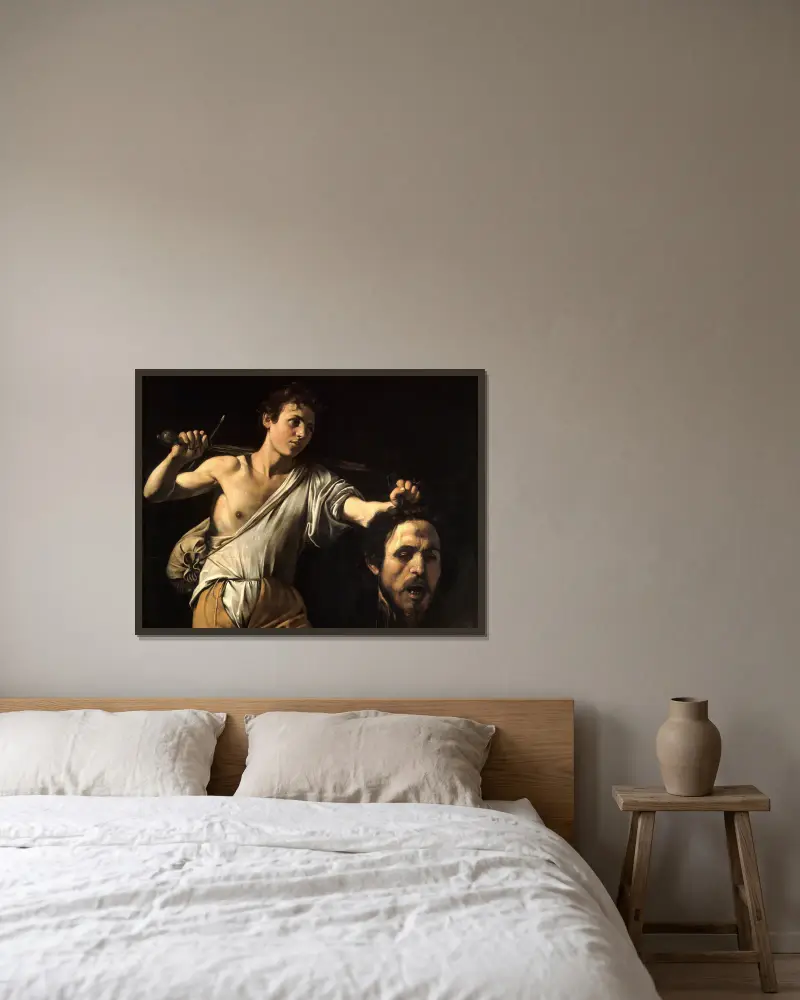 Dawid z głową Goliata, Caravaggio w ramie na ścianie