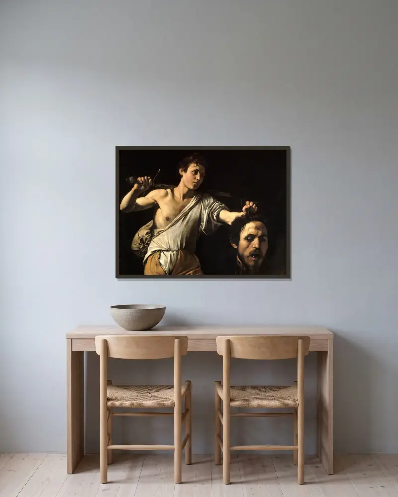Dawid z głową Goliata, Caravaggio w ramie na ścianie