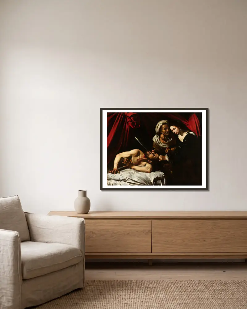 Judita stíná Holoferna, 1598, Caravaggio v rámu na stěně