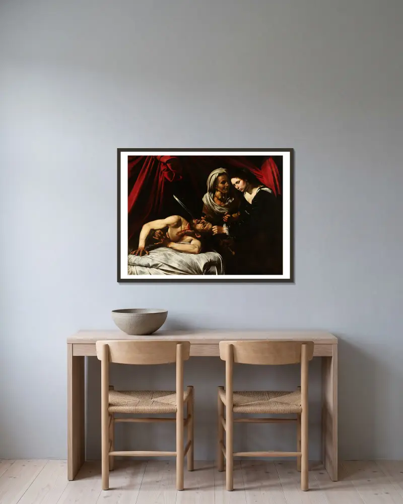 Judita stíná Holoferna, 1598, Caravaggio v rámu na stěně