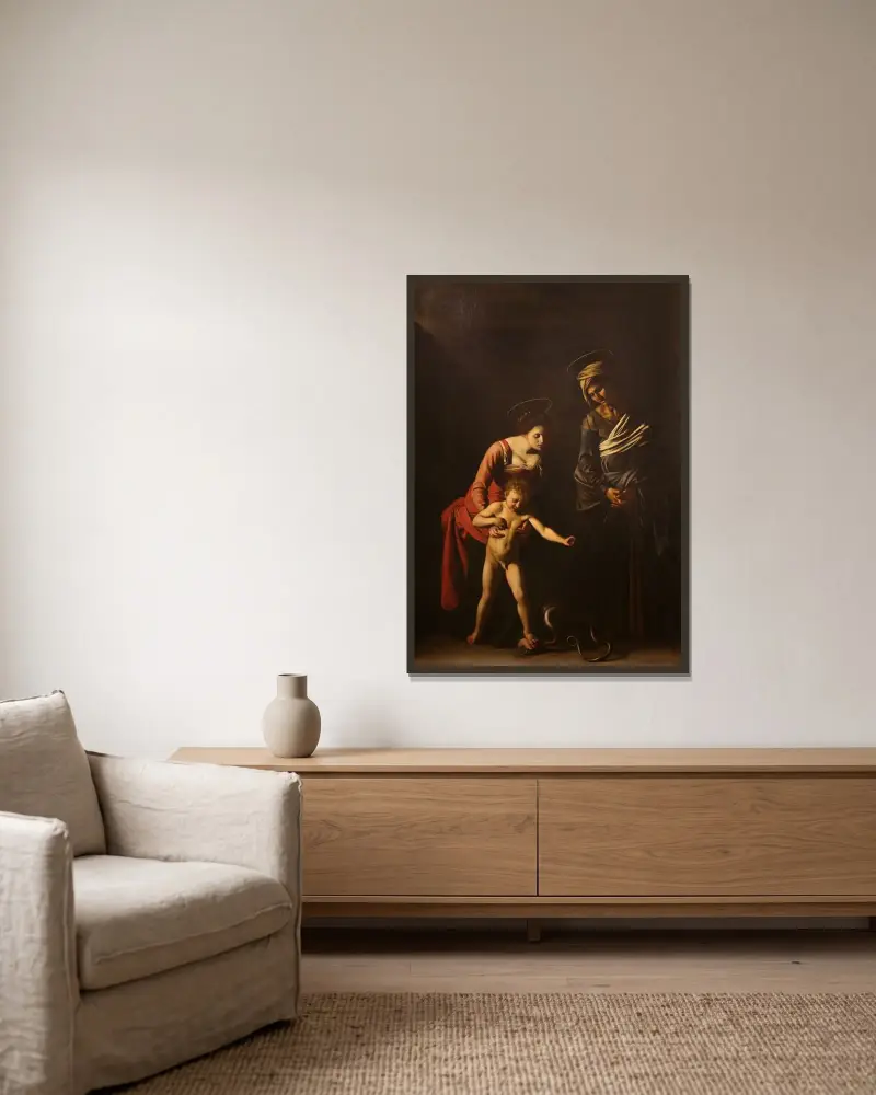Madonna and Child with Saint Anne av Caravaggio inramad på en vägg