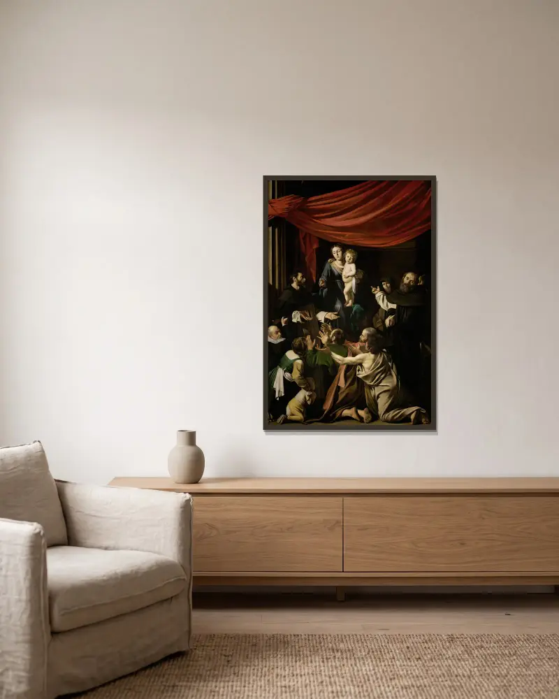 Madonna of the Rosary av Caravaggio inramad på en vägg