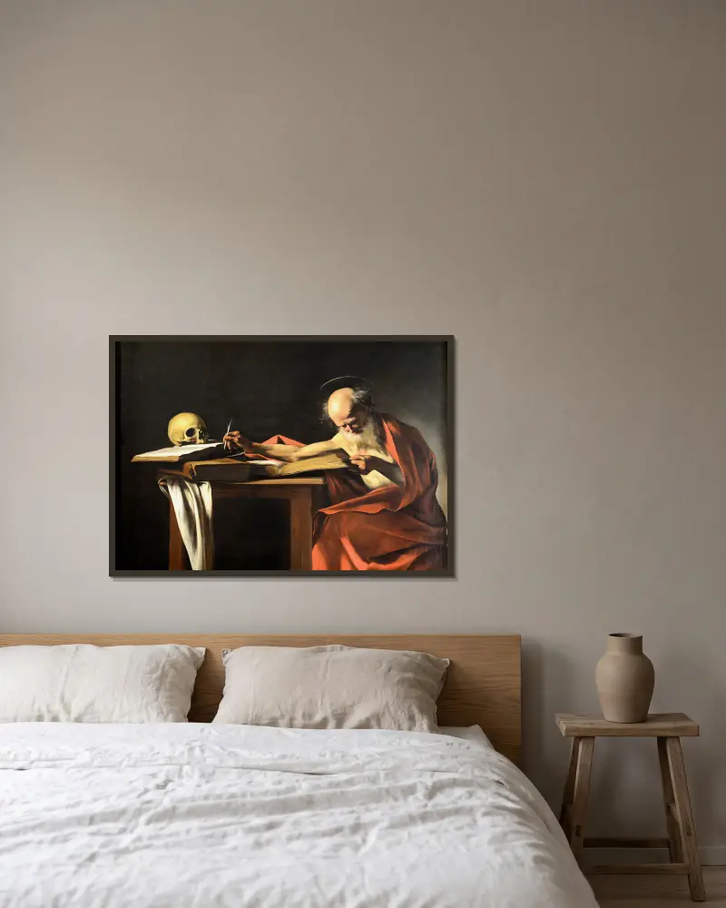 Svatý Jeroným píšící, Caravaggio v rámu na stěně