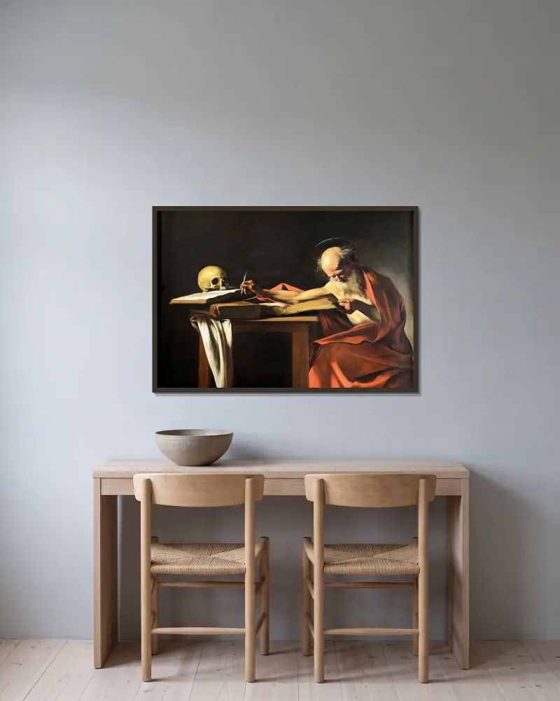 Svatý Jeroným píšící, Caravaggio v rámu na stěně